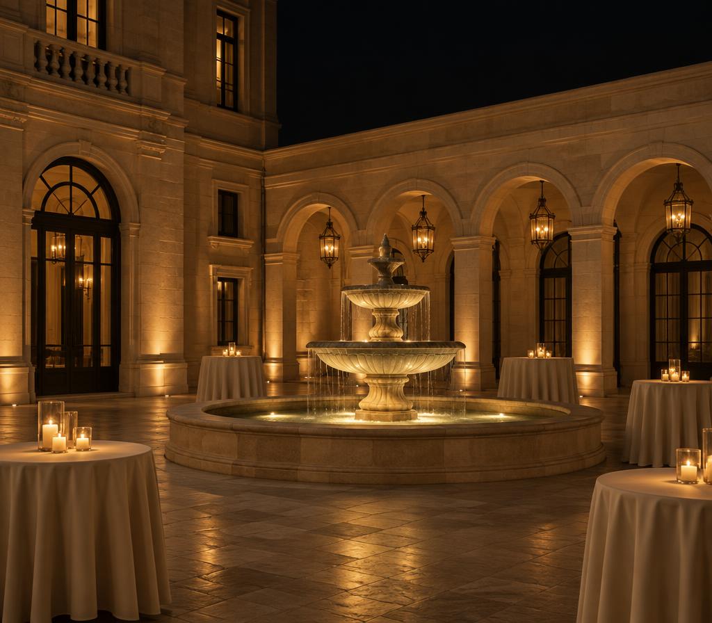 Lantern-lit stone courtyard with a fountain at night