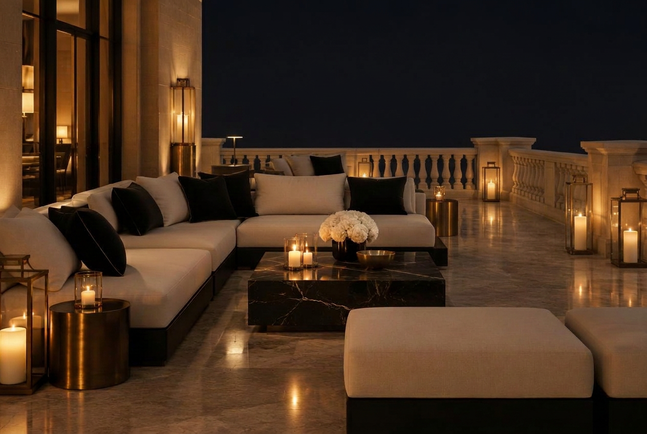Candlelit hotel terrace at night with city lights beyond